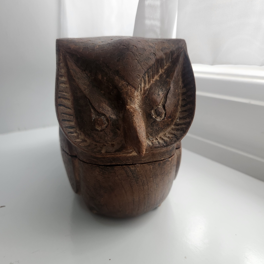 Vintage Hand-Carved Wooden Owl Trinket Box